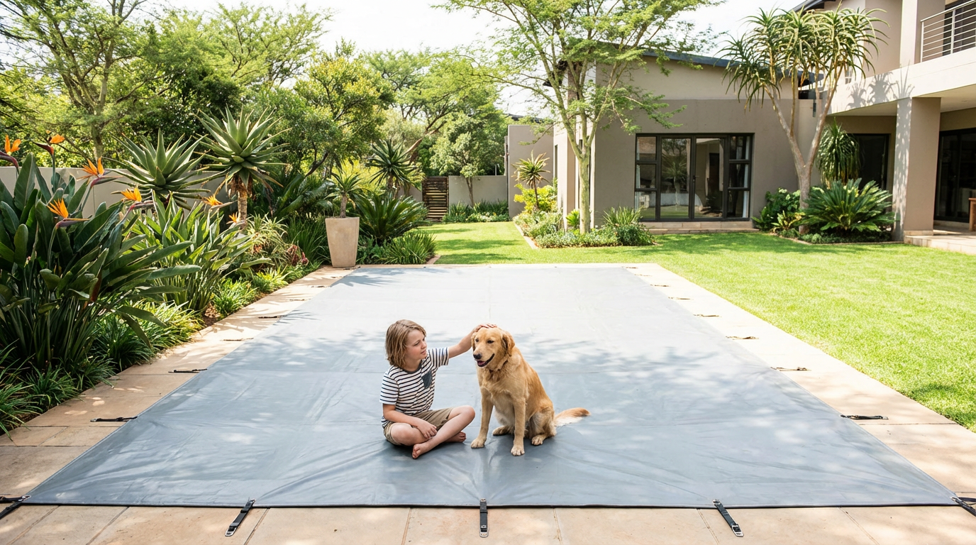 Child with dog on solid pool safety cover showing pet-safe design