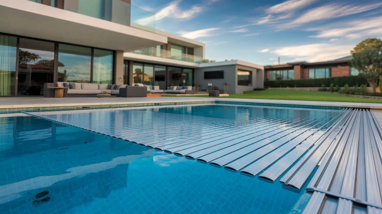 Luxury swimming pool with automatic slatted cover in a modern Johannesburg suburban backyard
