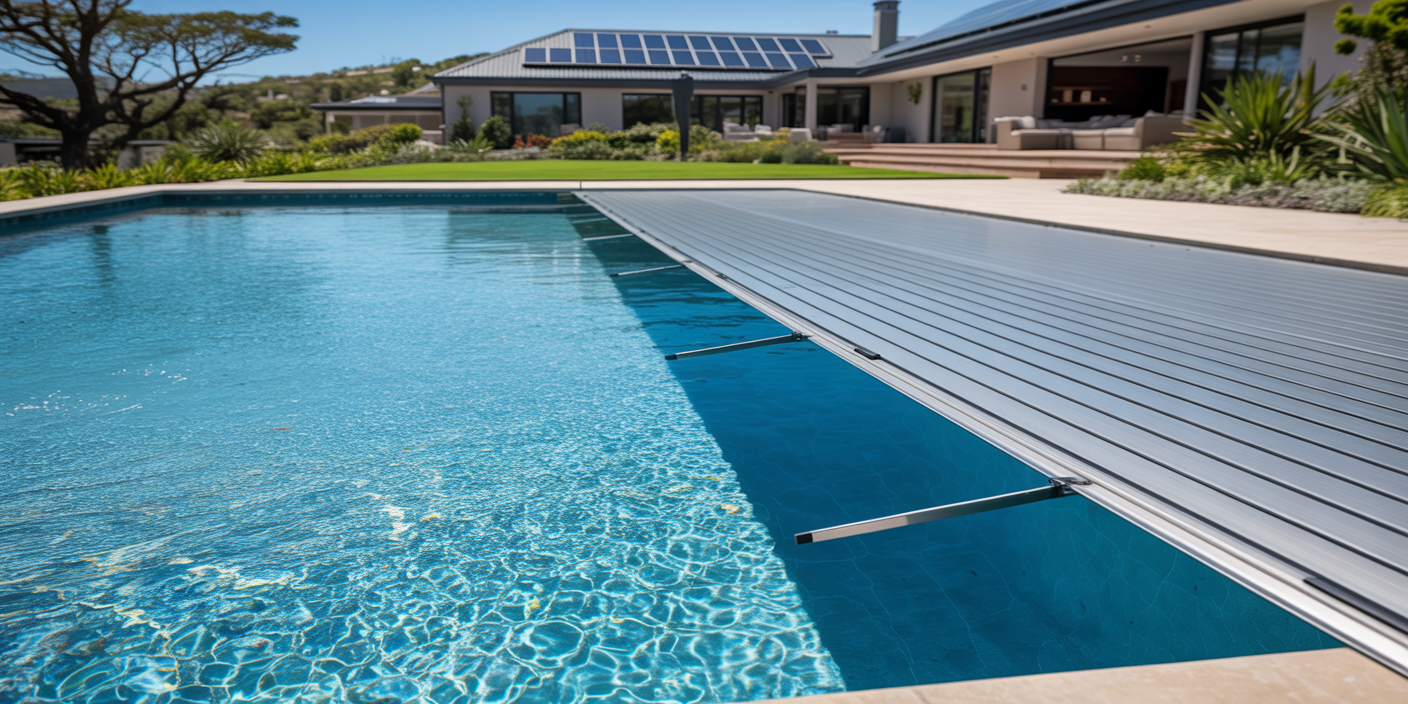 Pool cover saving water and energy — covered vs uncovered pool comparison showing reduced evaporation