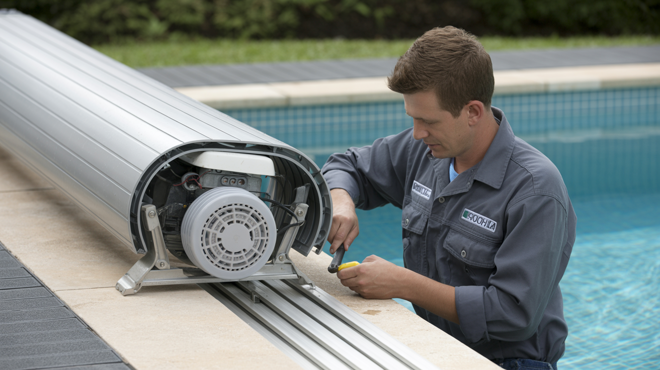 Professional technician performing maintenance on an automatic pool cover mechanism