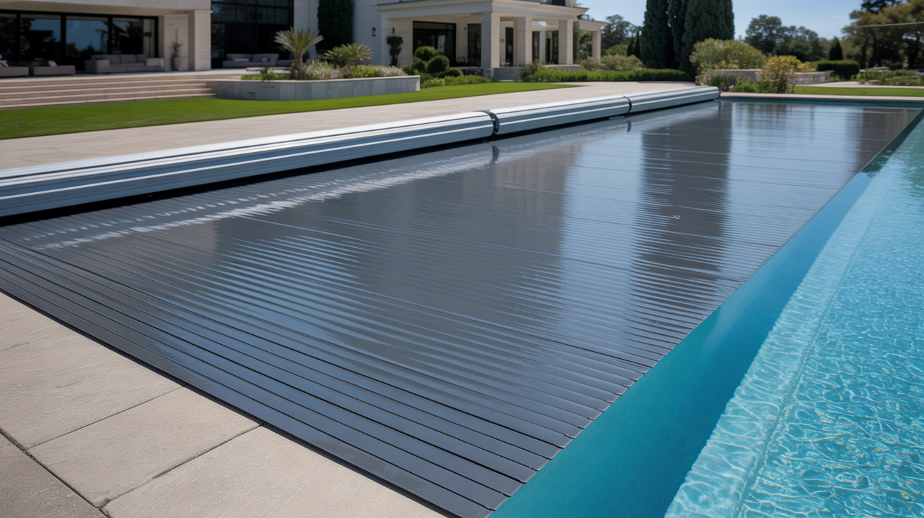 PoolLock hydraulic vinyl safety pool cover deployed across swimming pool